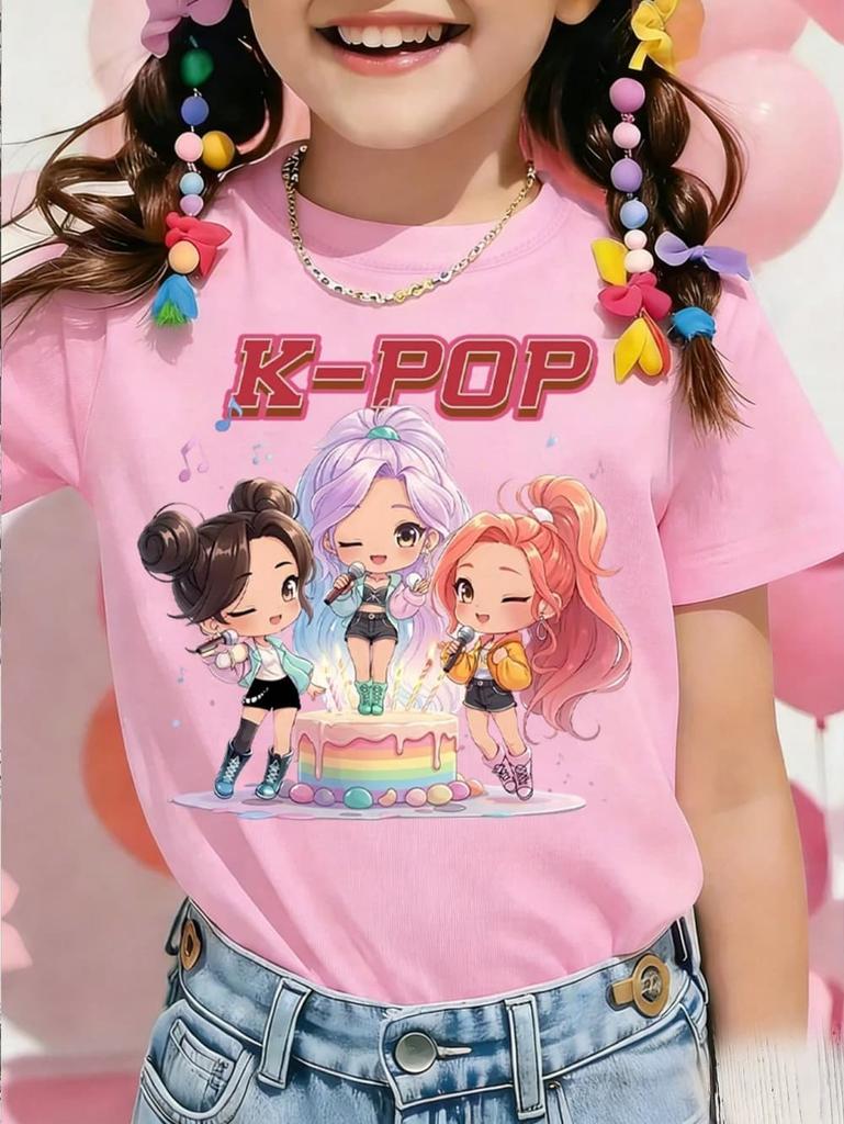 T-shirt Grafica Cartoon Kpop per Ragazze T-shirt Casual Girocollo Adatta per Ragazze Bambini Regalo Manica Corta