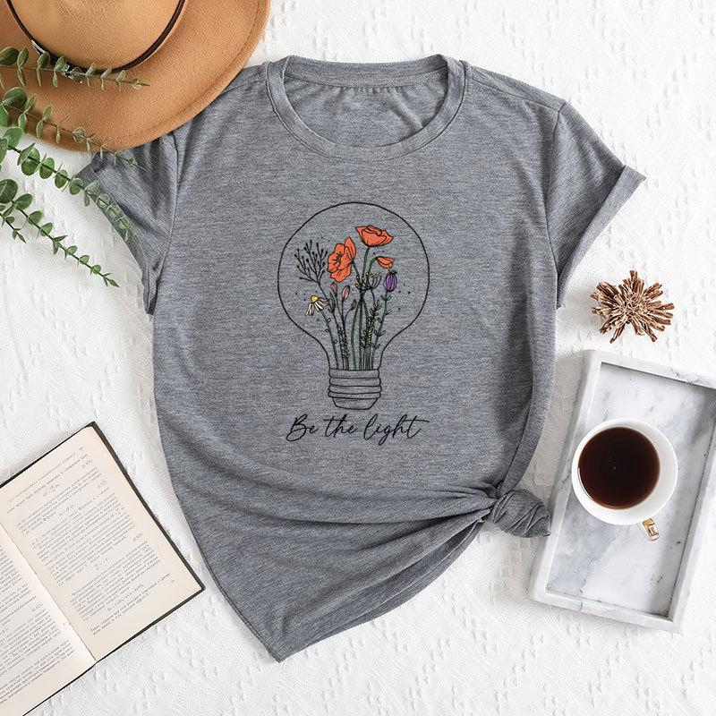 Summer Women's Fashionable Light Bulb Short Sleeved Casual Loose Cotton Round Neck Top