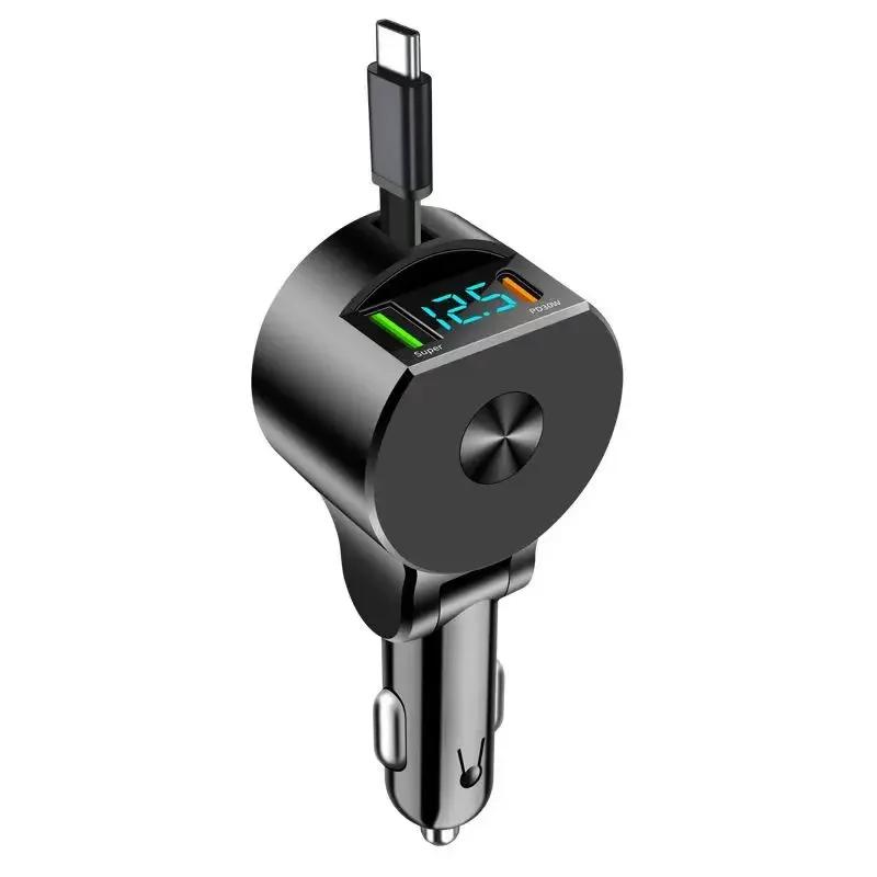 

UYUXIO USB C Car Charger Adapter with PD 30W Retractable Type C Cable 65W Super Fast with Voltage Display for iPhone Samsung Car Charger
