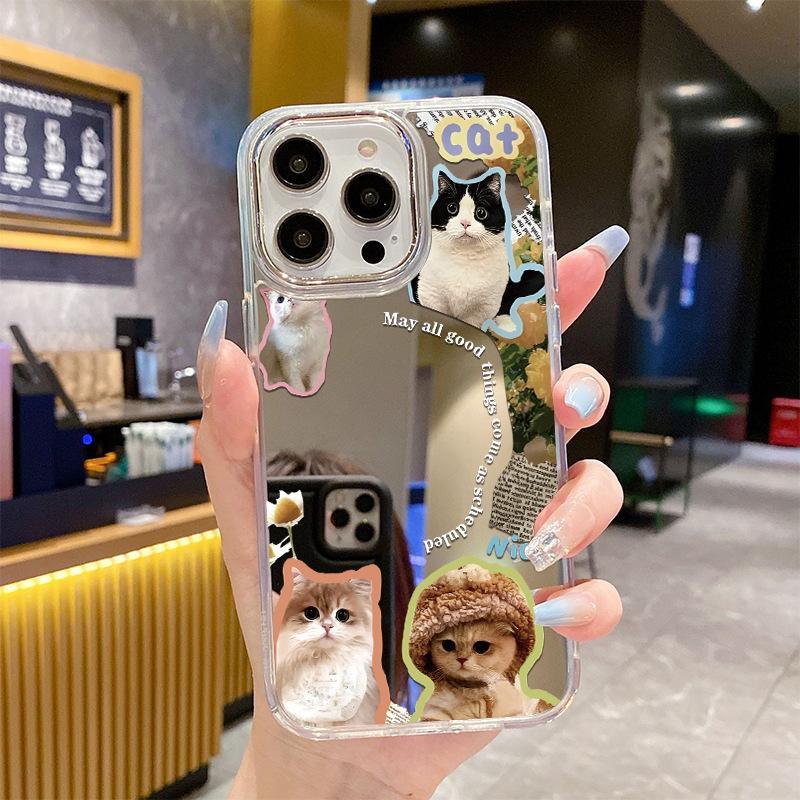 Cute kitten mobile phone case apple 15pro mirror case iphone14pm anti-drop 12 protective case 11pro