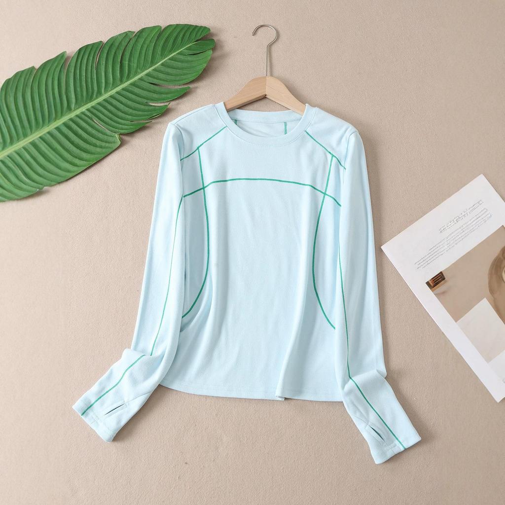 Women's Slim-Fit Color-Block Sports Long-Sleeve T-Shirt: Vibrant Colors, Contrast Stitching, Round Neck, Outdoor Style