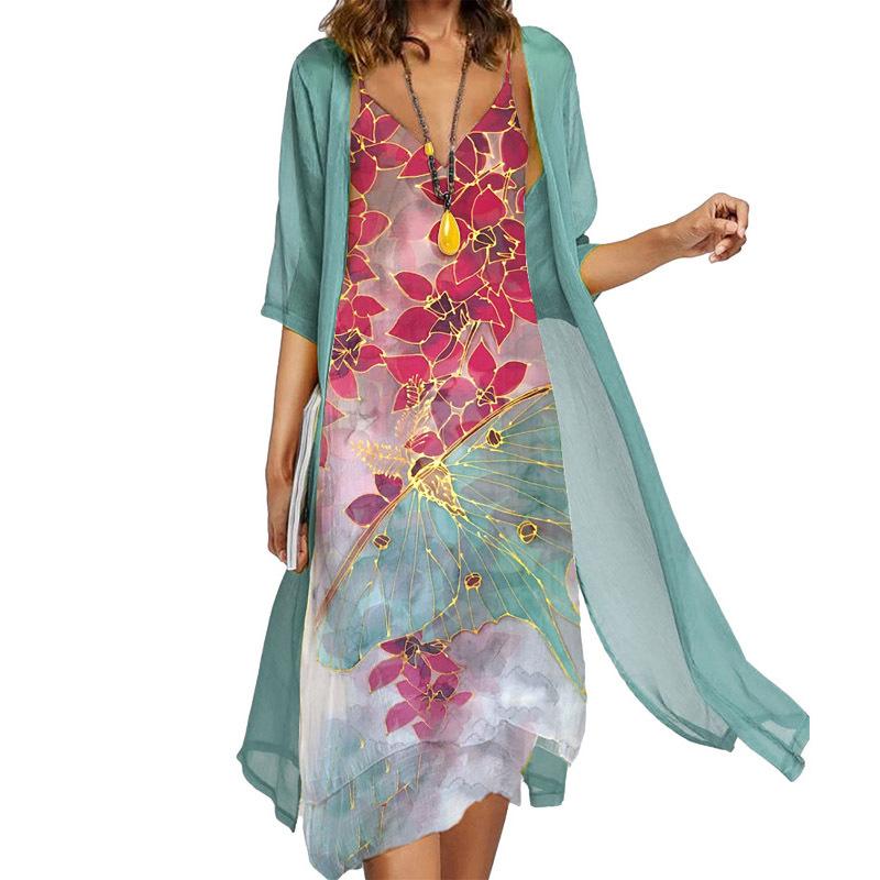 

Женские летние платья больших размеров, 2 предмета, миди-платье без рукавов с шифоновым кардиганом, туника с цветочным принтом 5XL