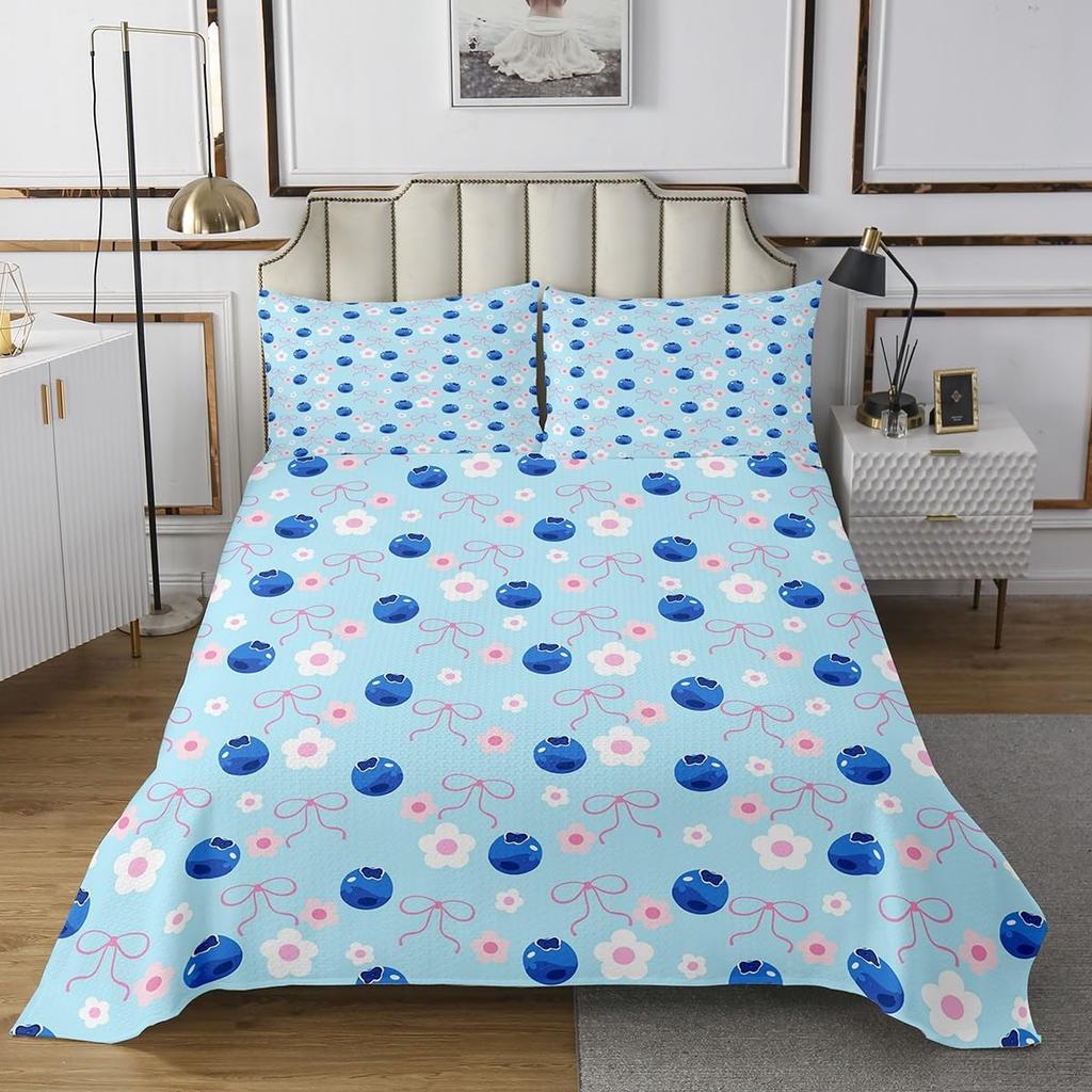 Cartoon Blueberry Bedspread Summer Tropical Fruit Quilted Coverlet Watercolor Botanical Leaves Flower Bedding Set for Teen Adult