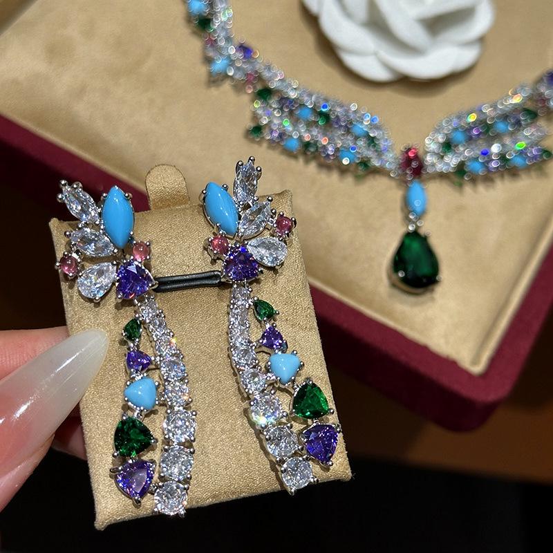 Luxury Zirconia Flower Earring & Necklace Set - Water Drop Design, High-End Fashion Accessories for Women