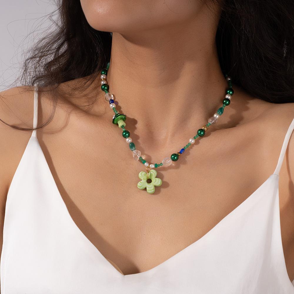 Colorful Floral Chain Choker Coloured Glaze Beads Pendant Necklace Fashion Flower Necklace  Girls
