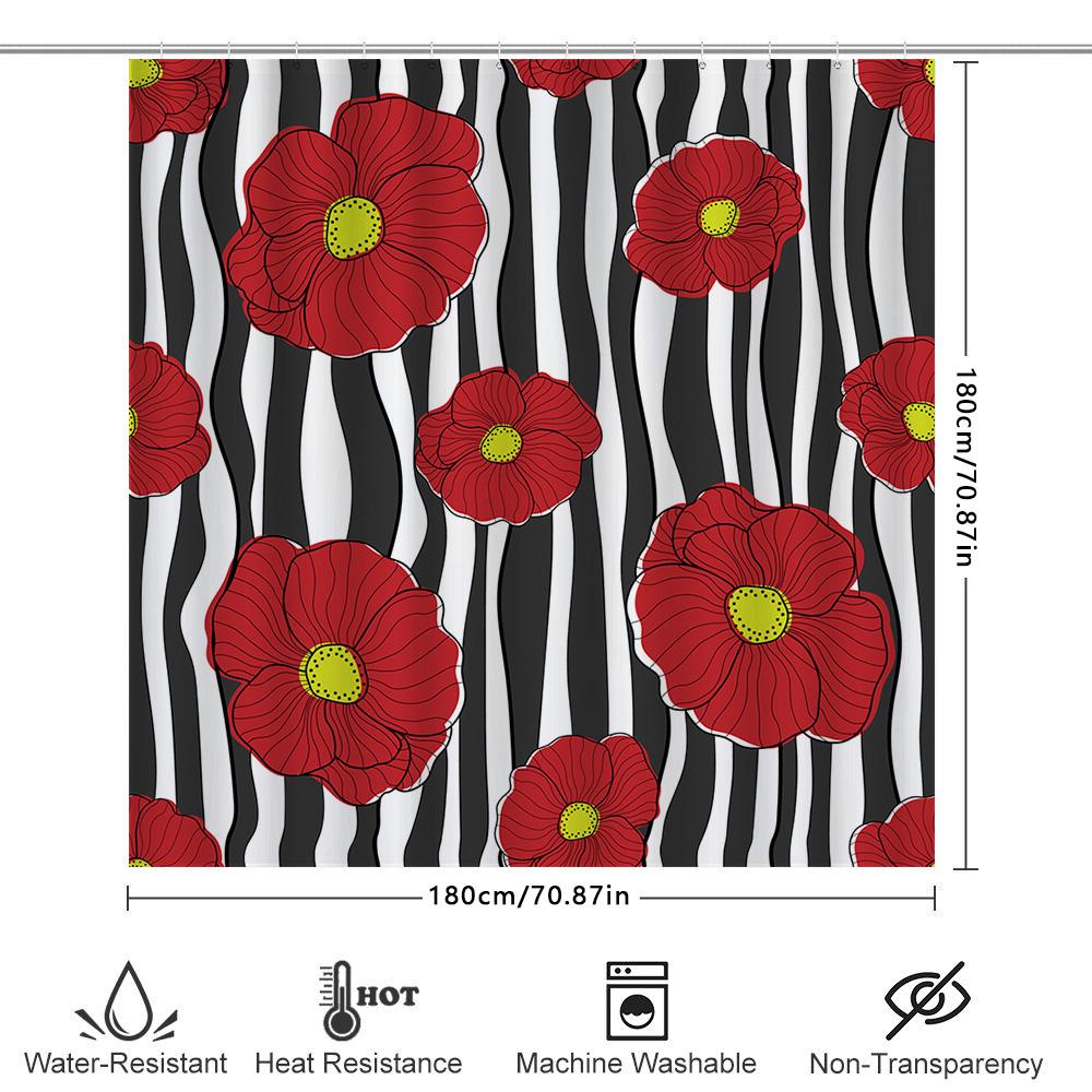 Red Flower Black Striped Shower Curtain Set For Bathroom Decor Modern Floral Shower Curtains With Rings Perfect Gift Ideas (Size