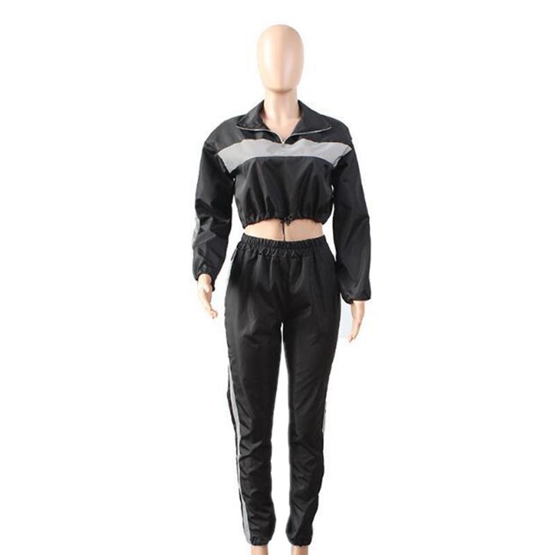 Women Reflective Sports Suit Tracksuit Set Fashion Patchwork Hooded Long Sleeve Top Pants