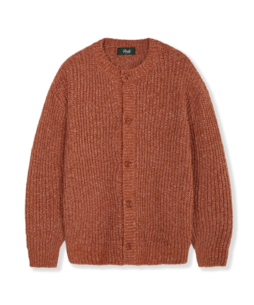 Nodu Adn Heathered Hacci Round Neck Semi-Oversized Long Sleeve Knit Cardigan [Orange]