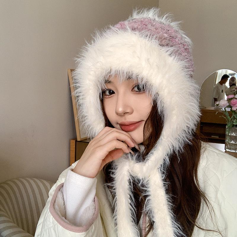 Autumn and Winter New Warm Furry and Cute Ear Protection Hat for Women with Dopamine Straps Korean Style Lei Feng Plush Hat To Keep Out The Cold