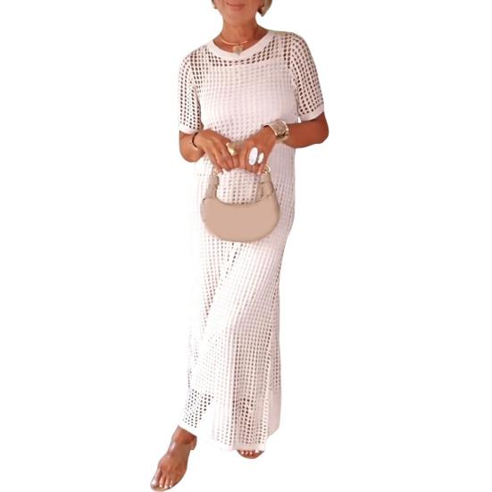 Women's Dress Cover Up Set Sleeveless Long Dress And Short Sleeve Knitted Hollow Cover Up