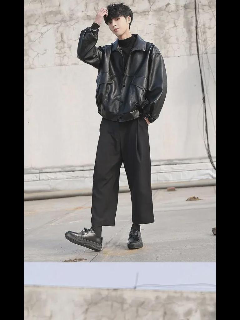 Trendige Herren-Motorrad-Pilotenjacke aus Leder im koreanischen Stil – lockere Passform, Frühlings-/Herbstmode