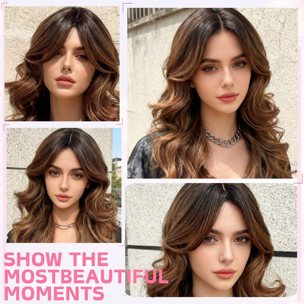 Gradient Brown Fashion Bangs Natural Curly Medium-Length Wig
