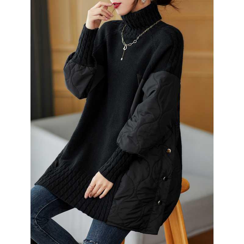 European Loose-fitting Turtleneck Coat with Quilted Texture and Button Detail