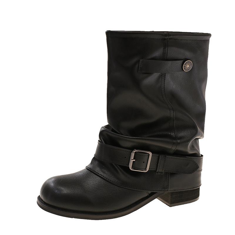 

Версия из овчины~ Женские ковбойские сапоги в западном стиле, плиссированные сапоги с напуском, черные, с круглым носком, в стиле ретро, кожаные, на толстом каблуке, сапоги-рыцари 40 чёрный