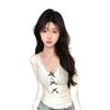 Women's Autumn Lace Trim Bow Slim Fit Long Sleeve Top