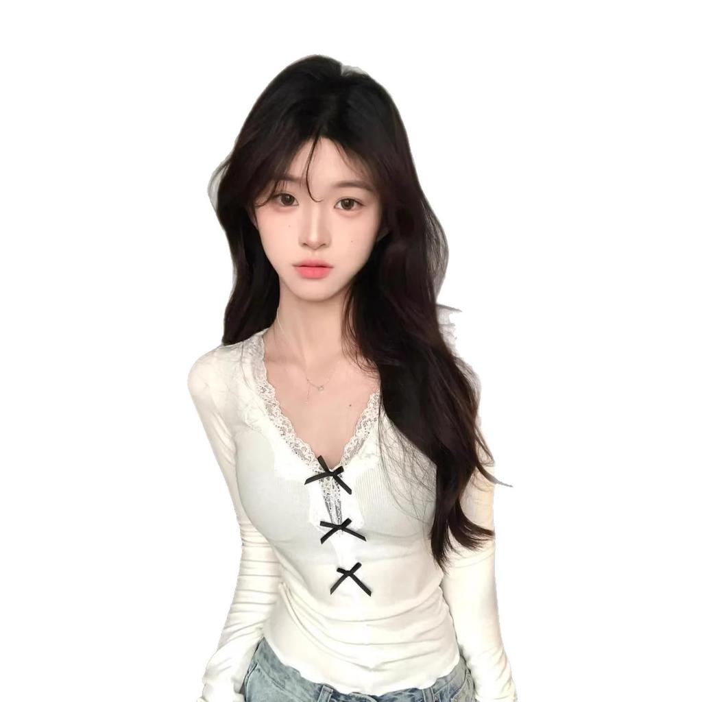 Women's Autumn Lace Trim Bow Slim Fit Long Sleeve Top