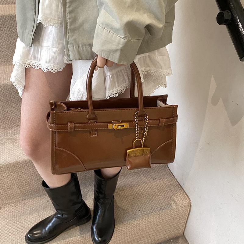 

Niche Fashion Oil Wax Leather Portable Refrigerated Retro Casual Shoulder Bag High-End Tote Женская сумка With small bag коричневый