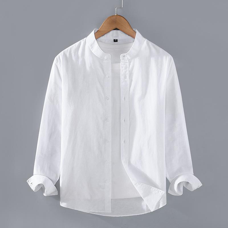 

Men s Spring and Summer Thin Section Stand-up Collar Long-sleeved Men s Shirt Solid Color Cotton Linen Blouse S белый