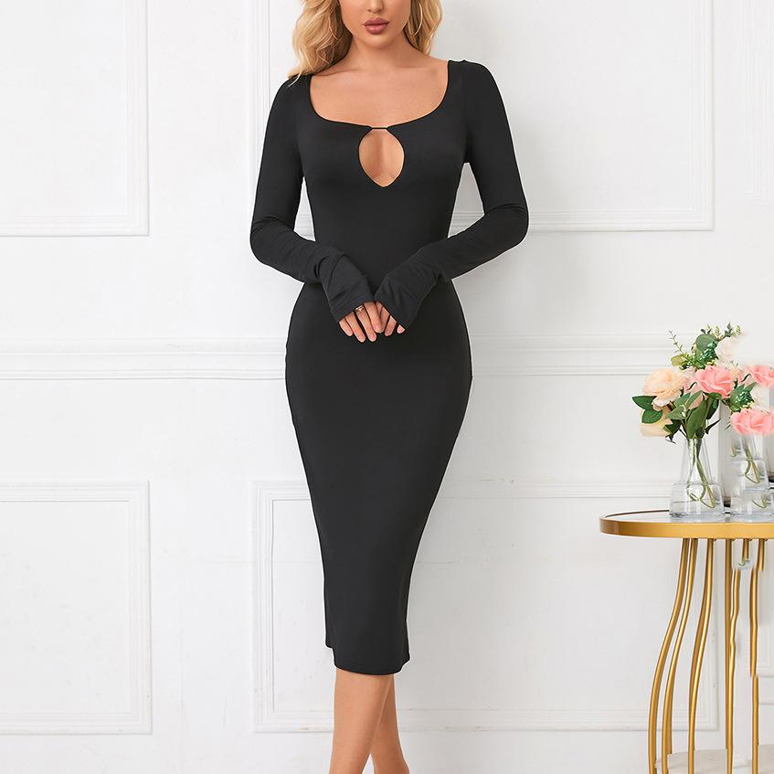 European, American autumn and winter hollow dress, popular women's clothing, sexy square neck split hip dress