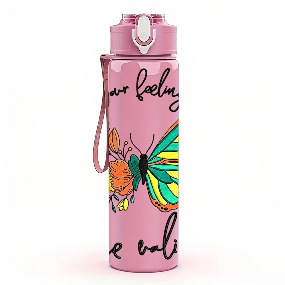 1PC Teal Butterfly Floral Quote 750ml Color Plastic Sports Water Bottle Leakproof Flip Straw Lid Suitable for Sports Office Home Use
