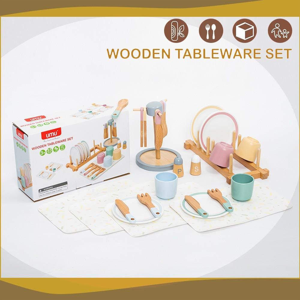 Simulation Kitchen Dishes Tableware Drain Rack Suit Play House Wooden Toys