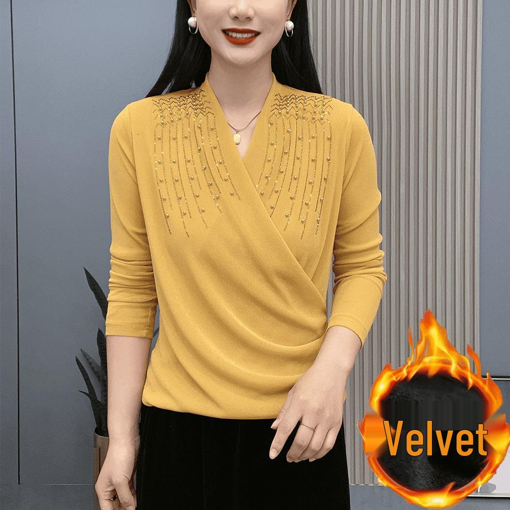 

2025 Fleece-Lined Cross-Neck Beaded Long Sleeve Versatile Base Layer Shirt for Moms 4XL [130-140 jin]