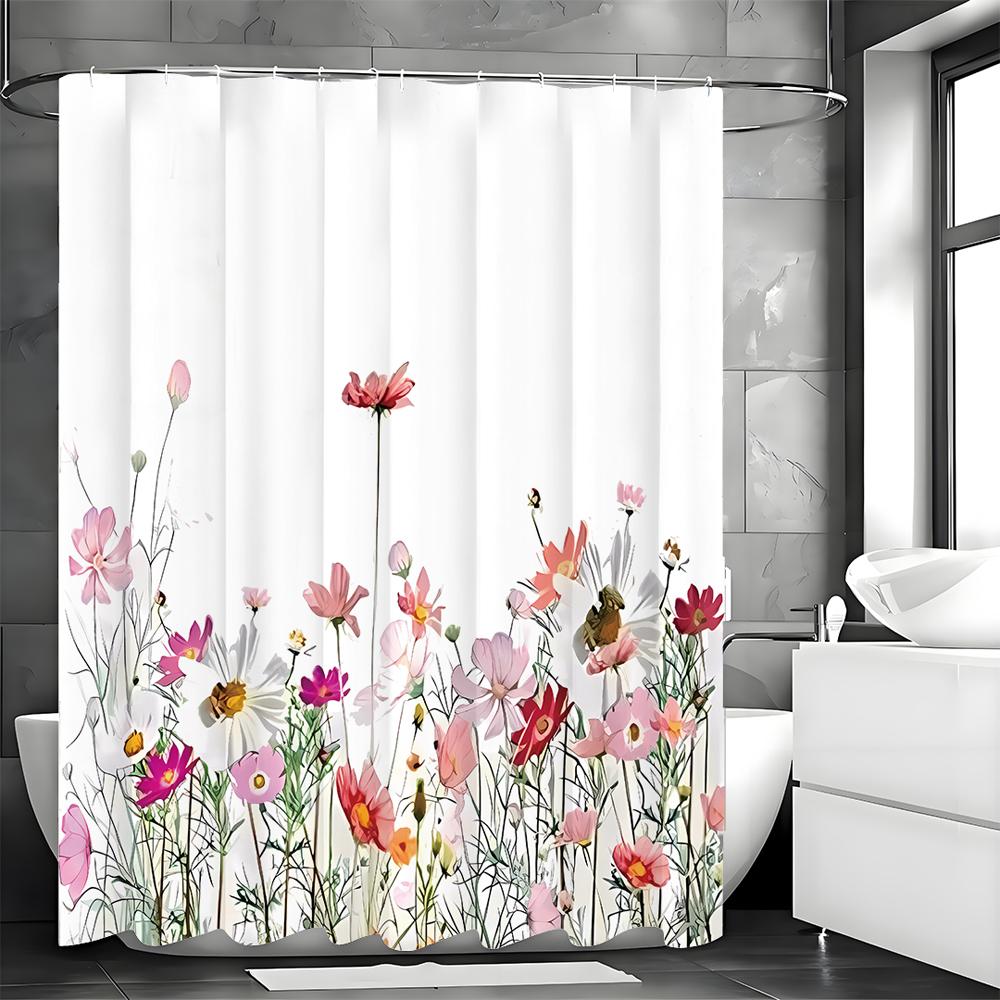 Flower Shower Curtain, Pink Flower, Solid Color Background with Hooks, Bathtub Shower Curtain, Waterproof Shower Curtain