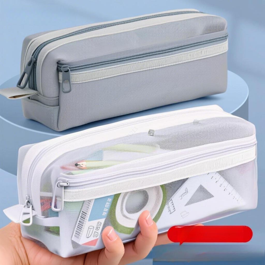 Double Layer Mesh Pen Bag Large Capacity Transparent Stationery Storage Bag Multifunctional Zipper Exam Supplies Organizer