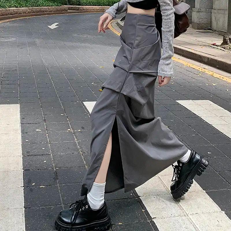 Women Summer Gray Ruched Maxi Skirt Split High Waist Long Skirt S