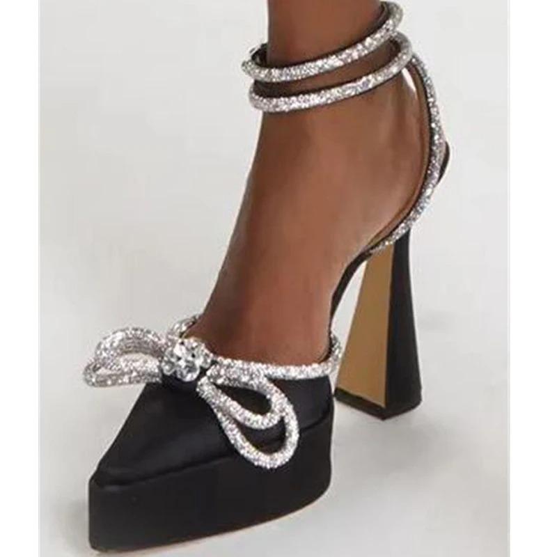 High Heels Damen Pumps Mode Schmetterlingsknoten Kristall Spitz Zehenbereich Plateau Klobig Party Ballschuhe