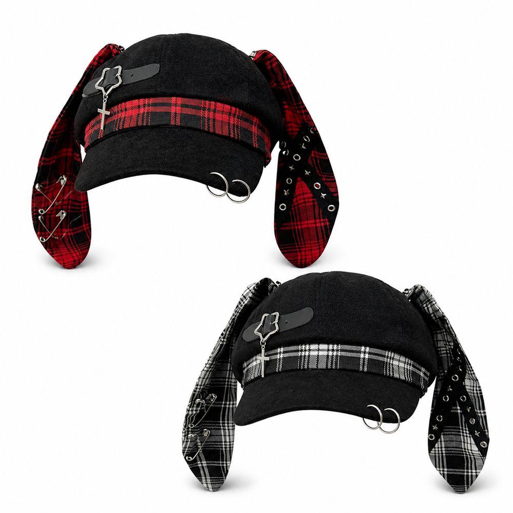 Metal Ring Accents Rabbit Ear Beret Y2K Punk Style Visor Beret Cap Alternative Fashion