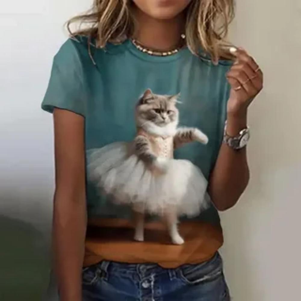 Women's T-Shirt 3d Cute Fun Cat Print T-Shirt Casual Loose Fashion Round Neck Summer Women's Breathable Oversized T-Shirt