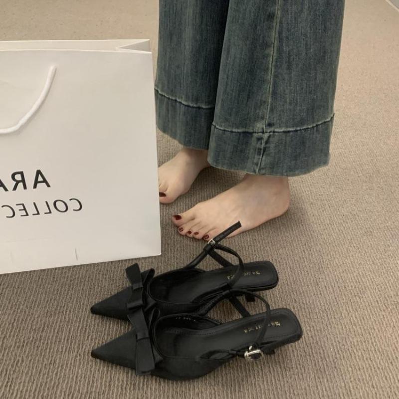 Hot Selling Women's High Heel Sandals 2025 Pointed Toe Slip-On Butterfly Knot Thin Strap Buckle Leather Fashionable Outdoor Wear