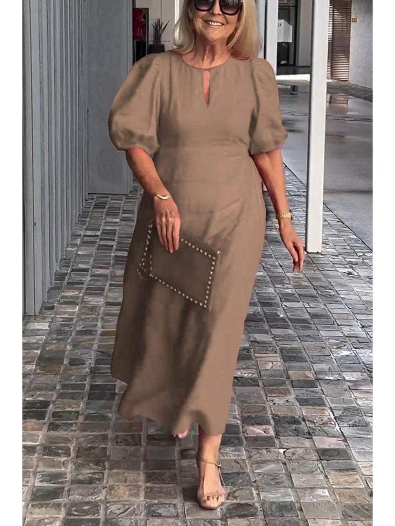 2026 Spring/Summer Women's Solid Color Loose Puff Sleeve Dress