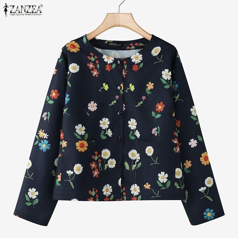 ZANZEA Women Casual Round Neck Long Sleeve Loose Floral Print Blouse