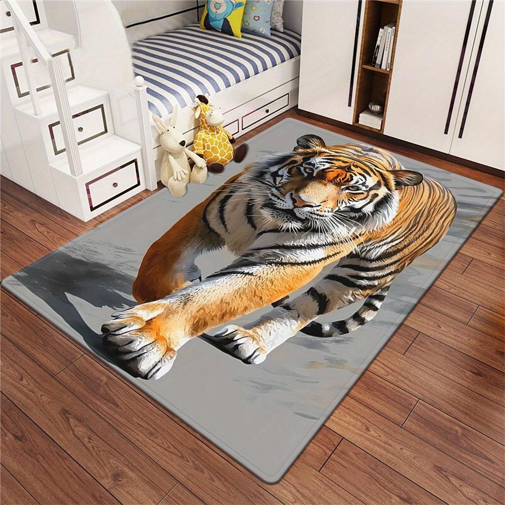 Tiger in Dynamic Walking Pose Printed Carpet | Polyester Rug, Non-Slip, Absorbent, Washable, for Bathroom, Living Room Entrance, Office, Study