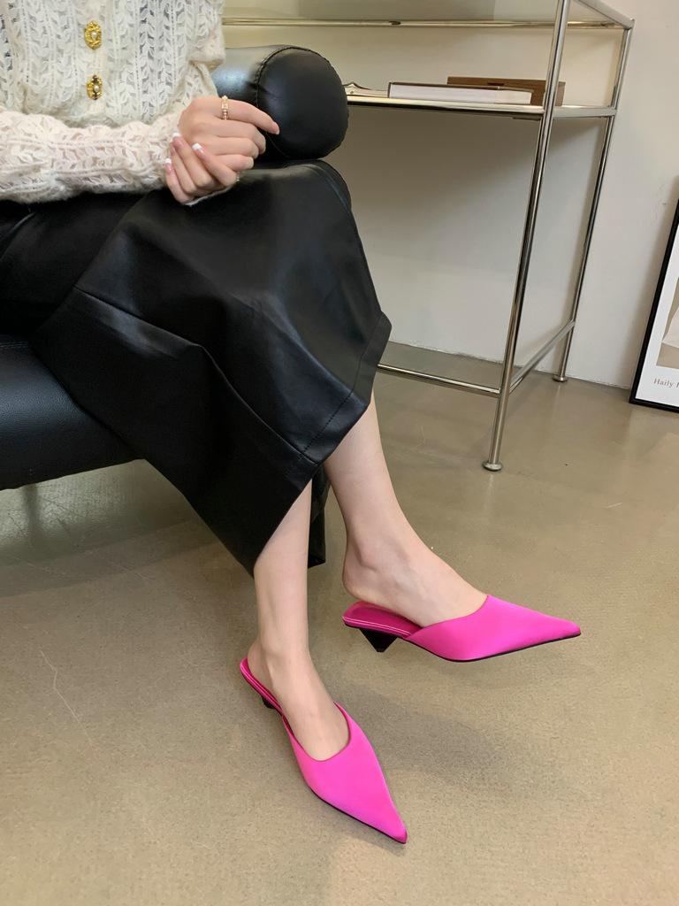 Feeling~ Fairy Pointed Head High Heels Women's Thin Heels Spring and Summer New Sexy Bag Head Korean Version Half Slippers Women's Outer Wear