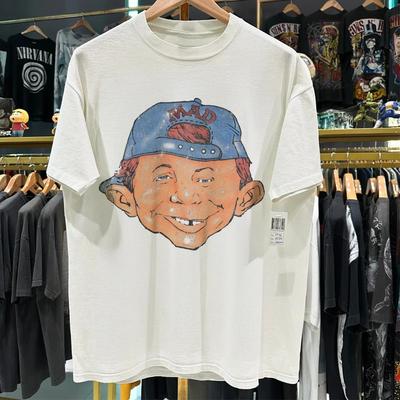 Raro Alfred E degli anni '90. T-shirt Bianca Lavata Vintage Neuman Uomo Taglia L Unisex