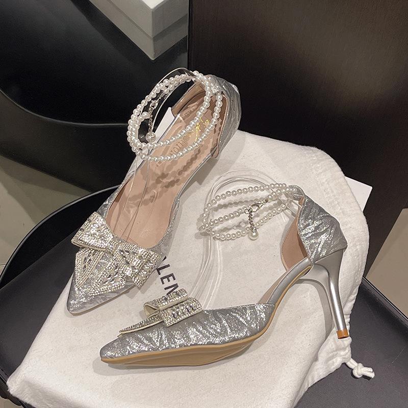 Fashion Comemore Temperament High Heels Shoes for Women Spring New Pointed Toe Shallow Mouth Rhinestone Bowknot Female Thin Heeled Pumps