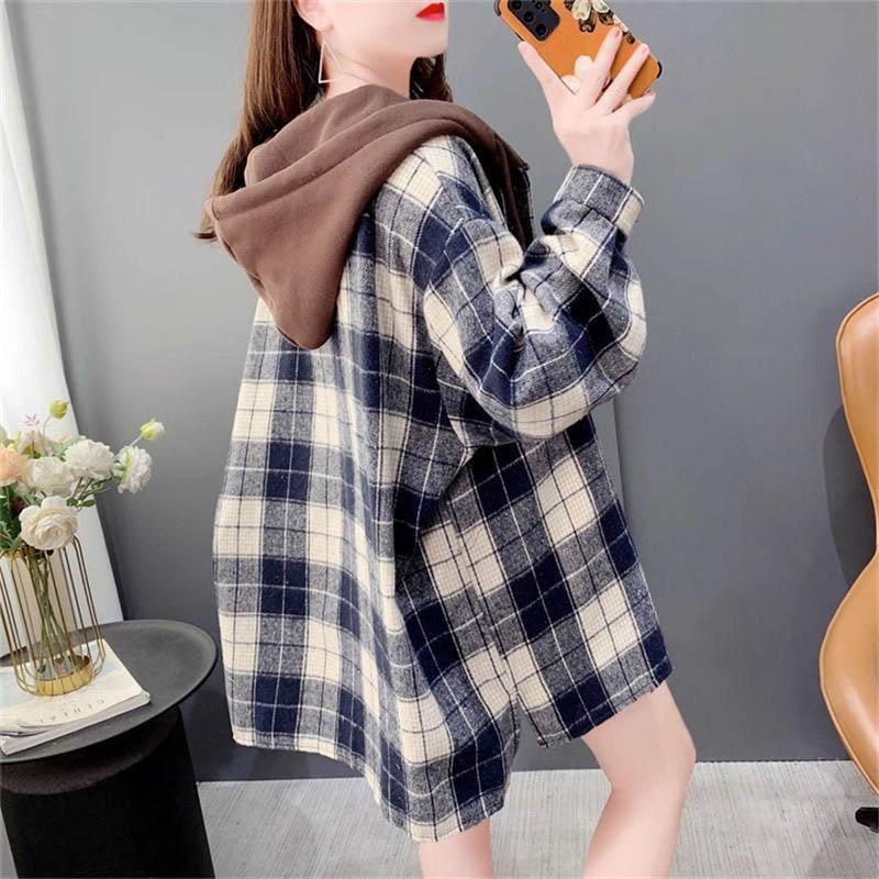Thickened Jacket Female Winter Hooded Padded Shirt Loose Medium-length Casual Versatile Hooded Plaid Jacket Top Coat