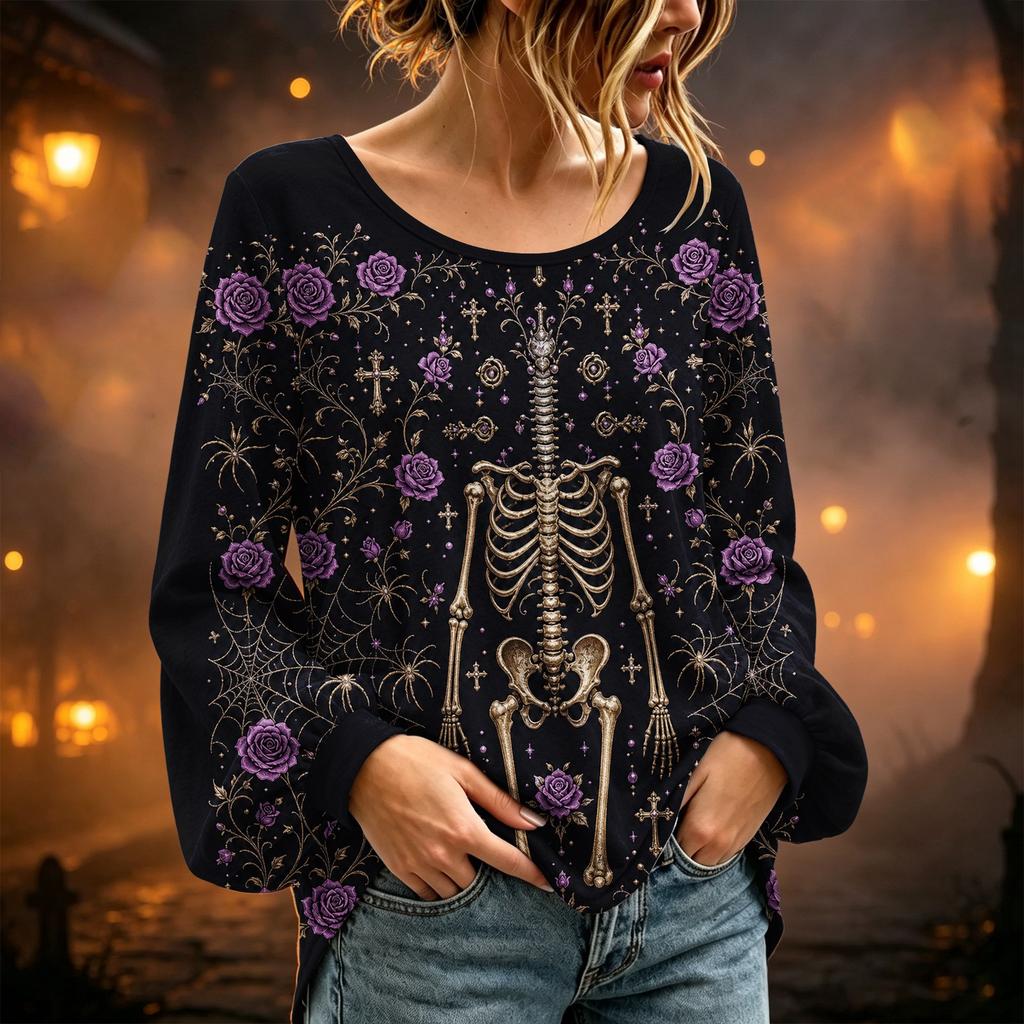 Women's Round Neck Long Sleeve Halloween Print Blouse Top for Party Wear