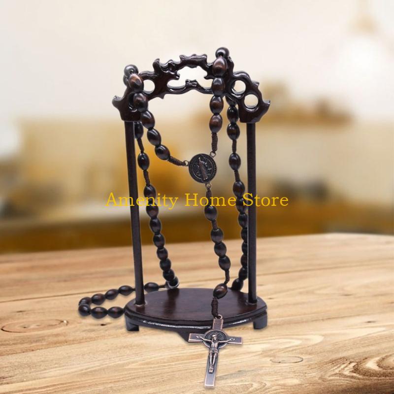 F26C Wooden Beads for Cross Pendant Necklace For Women Wood Beads Cord Rosary Necklace Holy Jerusalem Catholic Gift Handmade