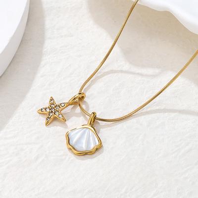 Natural Shell Starfish Pendant Necklace Inlaid with Zircon Fritillary Versatile Collarbone Chain for Women's Niche Senior Gifts