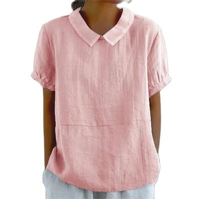 Maglia a maniche corte in cotone e lino tinta unita con colletto da donna, camicetta estiva, top casual semplici e comodi da donna