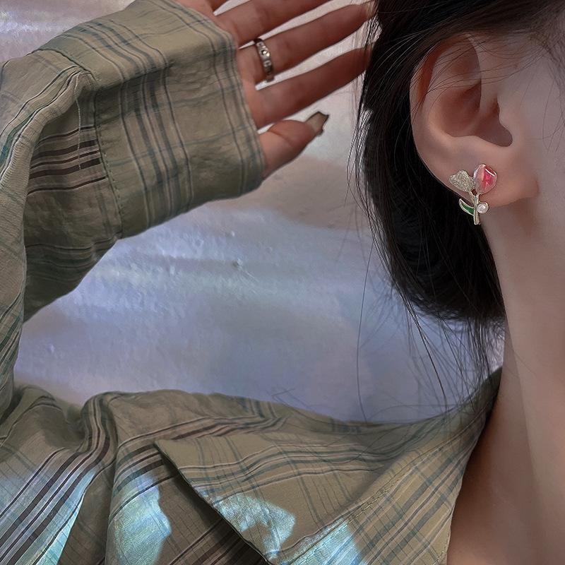 Charming Pink Oil-Drop Tulip Earrings with S925 Silver Posts