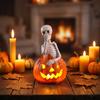Halloween Decorative Light Up Skeleton Pumpkin Figurines Set of 3 Pieces for Indoor Outdoor Tabletop Display Holiday Theme