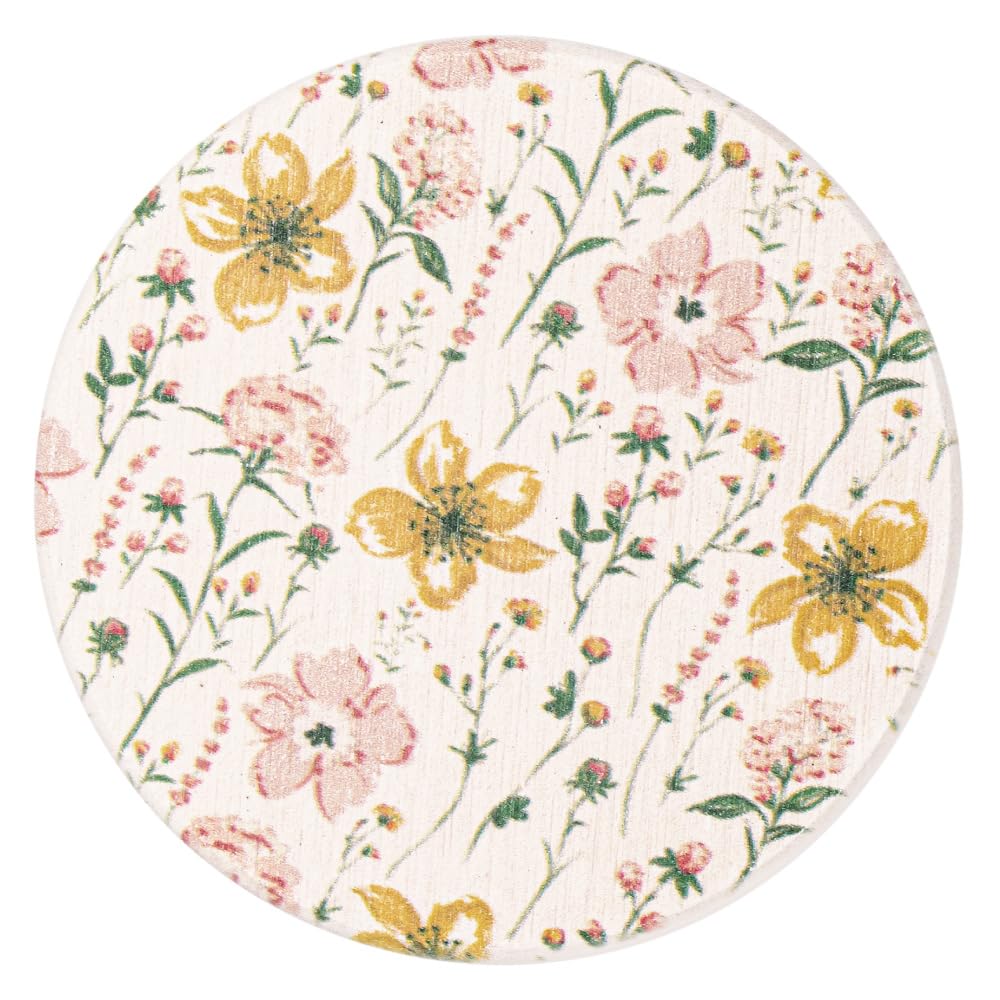 &NE Lava Stone Coasters with Yellow Flower Print, 9cm Diameter X 1cm Thick, Absorbent, Lava Stone, Asbestos-Free, Quick-Drying, Round, Small, Floral