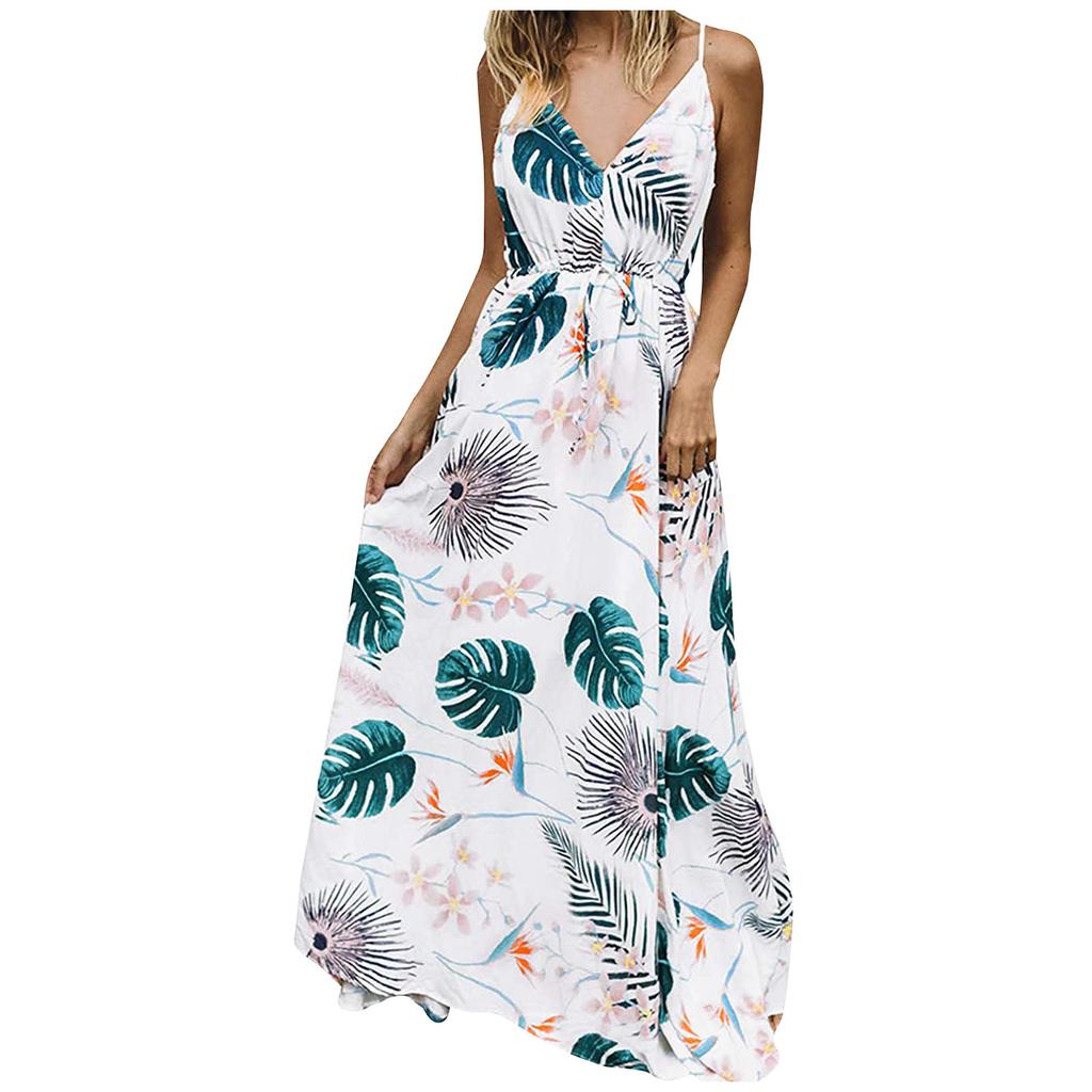 Ladies Fashion Elegant Dress With Printed Suspenders And Floor-Length Skirt