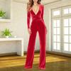 Damen V-Ausschnitt Langarm Samt Wickel-Jumpsuit Mit Taillenband Weiter Beinschnitt