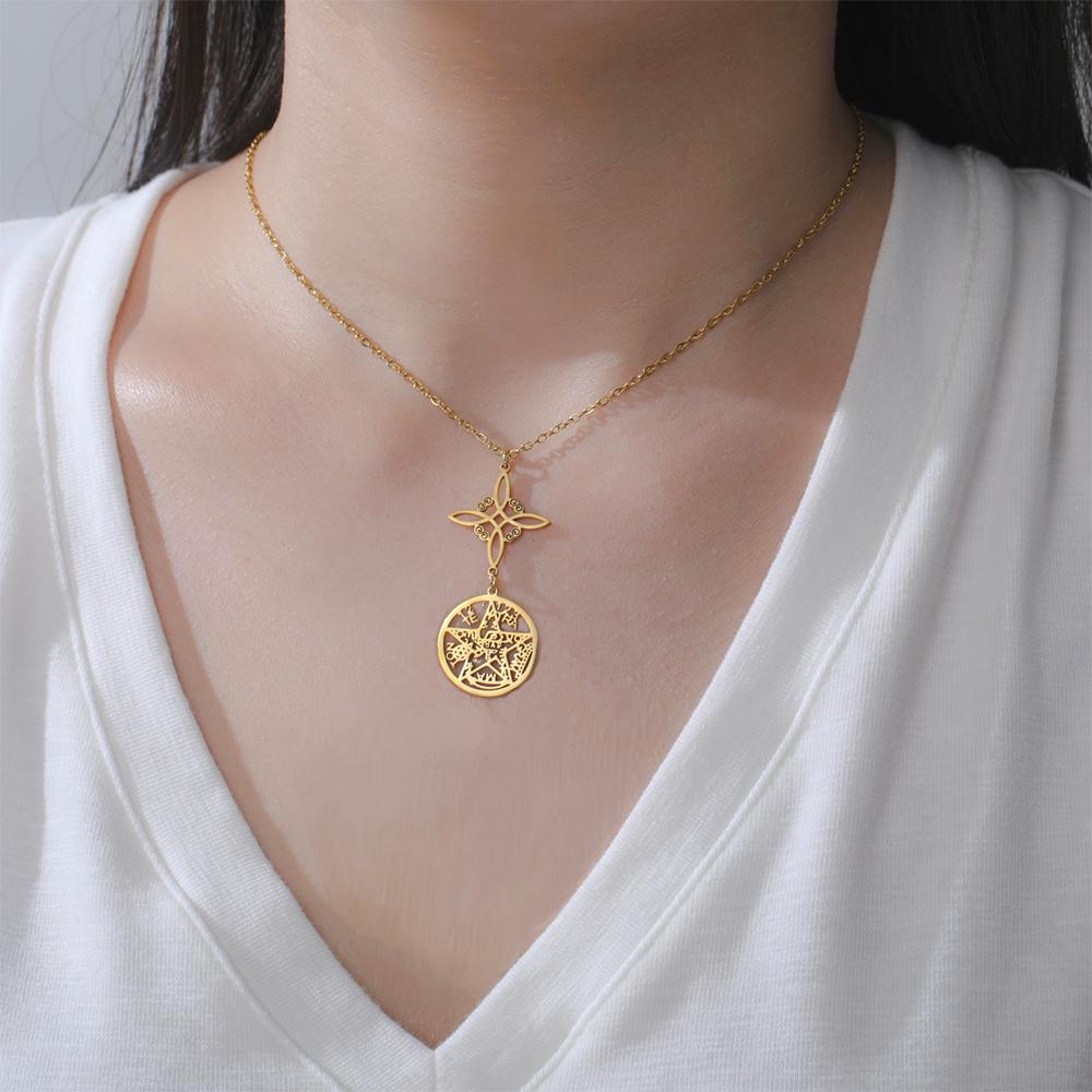 Collar Doble Amuleto Protección Nudo de Bruja Pentagrama Tetragrammaton Acero Inoxidable Joyería de Protección Venta al por Mayor
